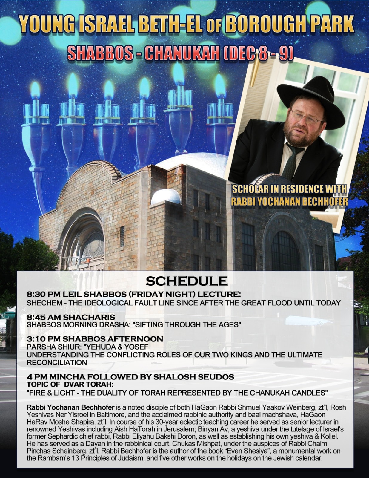 Shabbos Chanukah Scholar-in-Residence flyer — Young Israel Beth-El of Boro Park, December 8–9, 2024